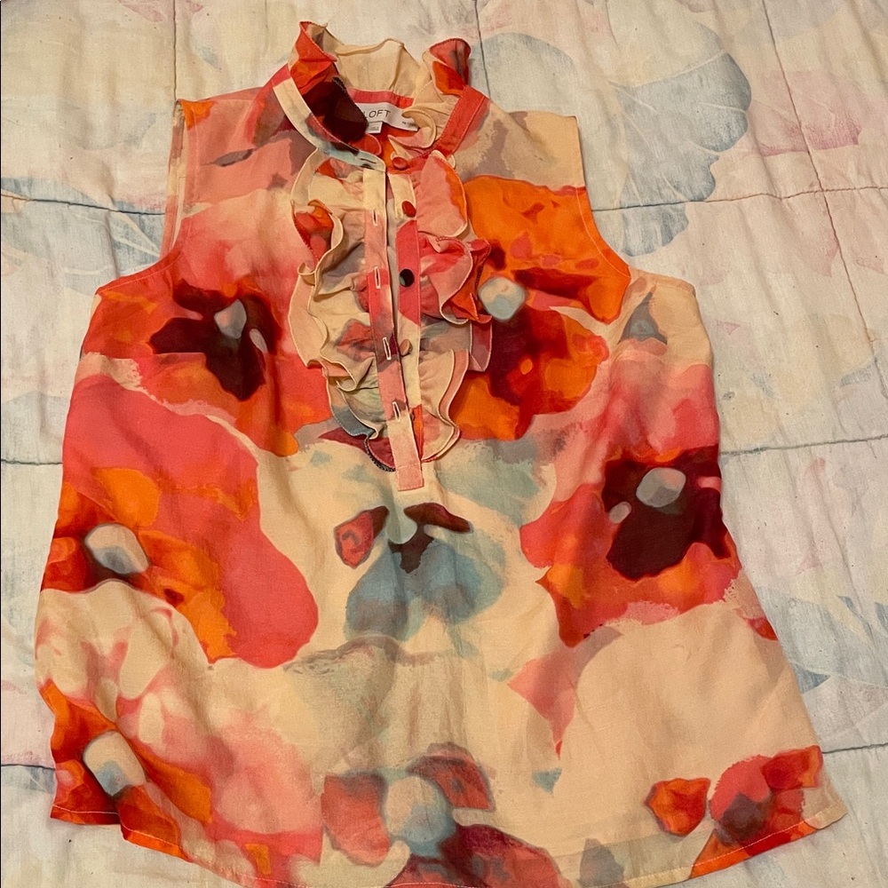 LOFT Multicolor Floral Ruffle Sleeveless Blouse - Pink/Orange/Blue